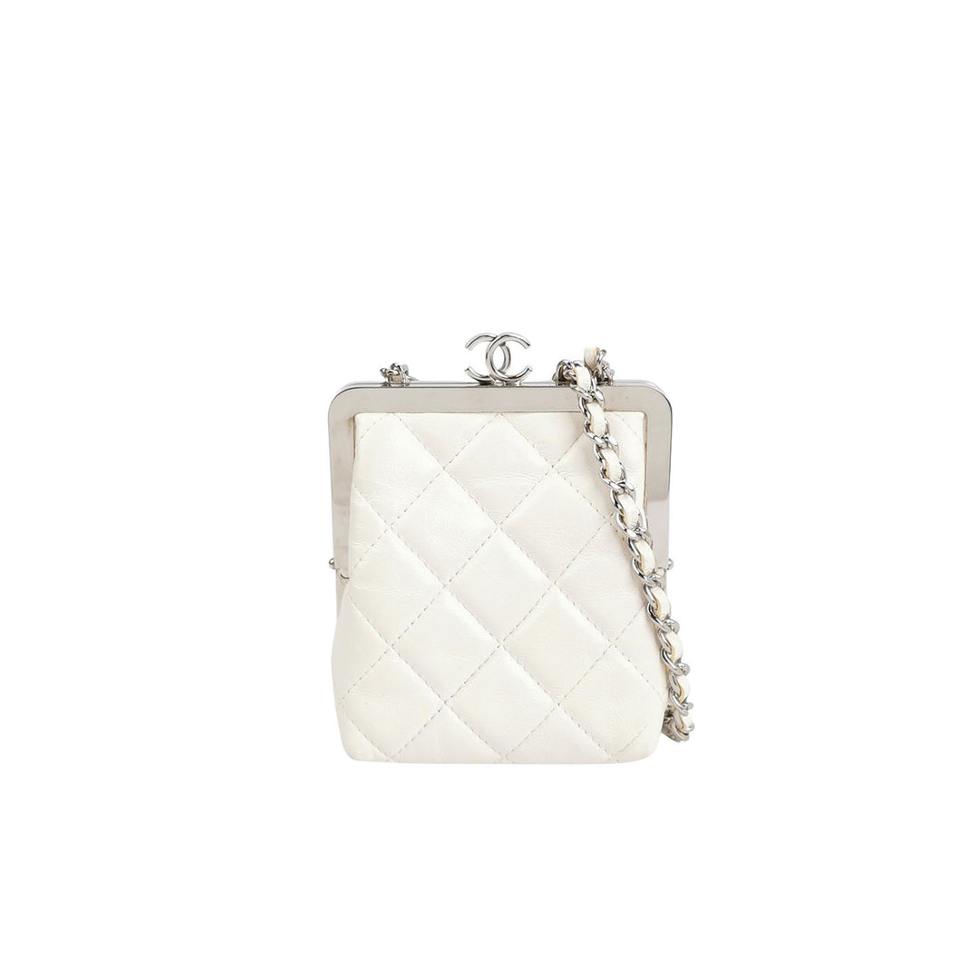 Chanel White Lambskin Quilted CC Evening Clutch With Silver Chain