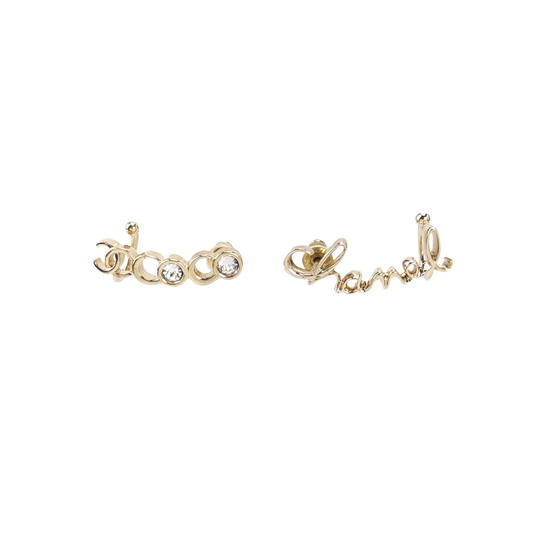 Chanel 22P Crystal Gold CC Logo Letter Coco Script Climber Earrings