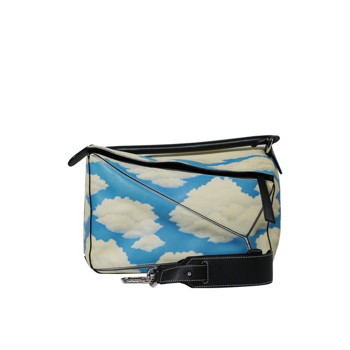 Loewe Medium Puzzle Bag in Blue Sky Ivory Clouds Print with Silver Hardware