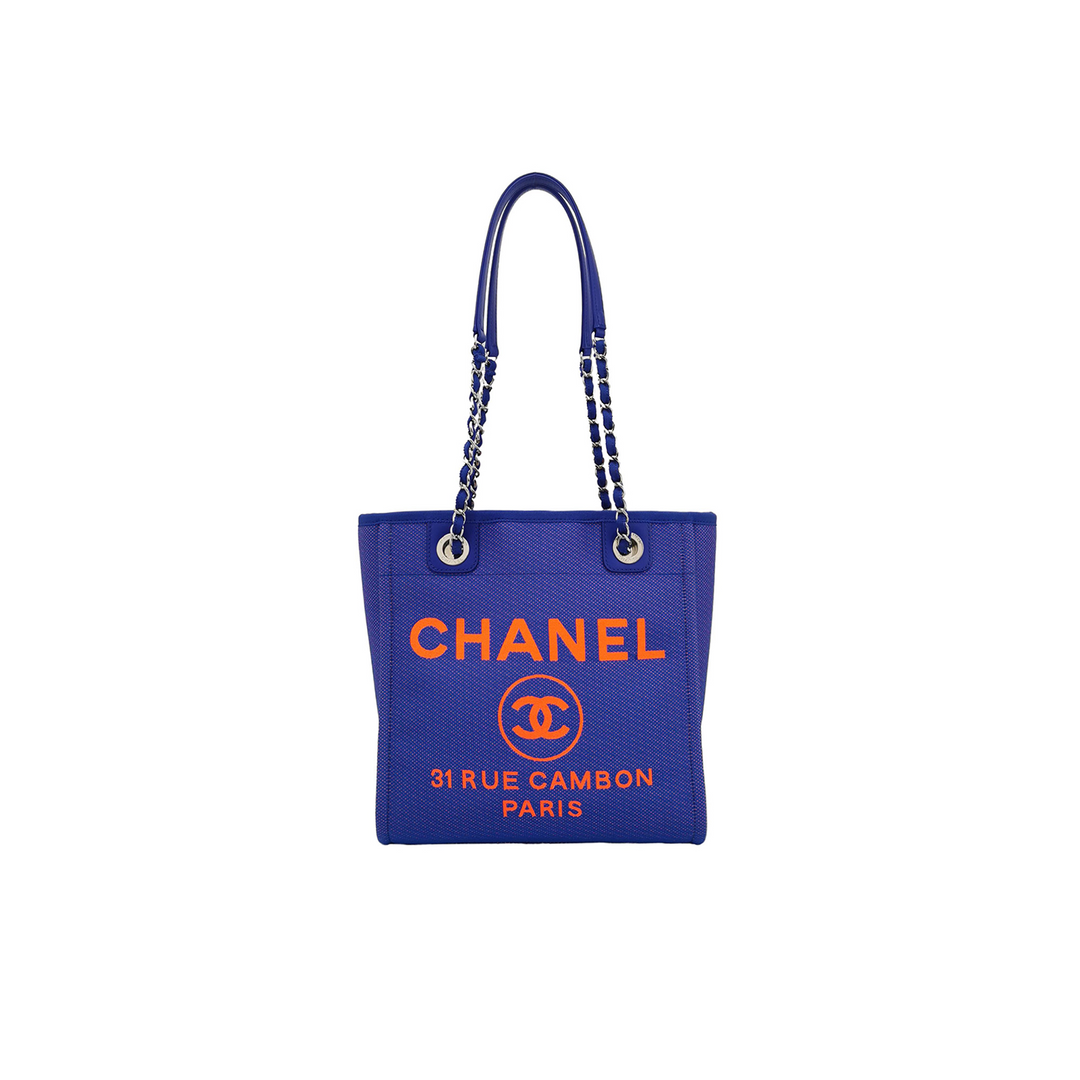 Chanel 2021 Mixed Fibers Blue Small Deauville Tote Bag Orange