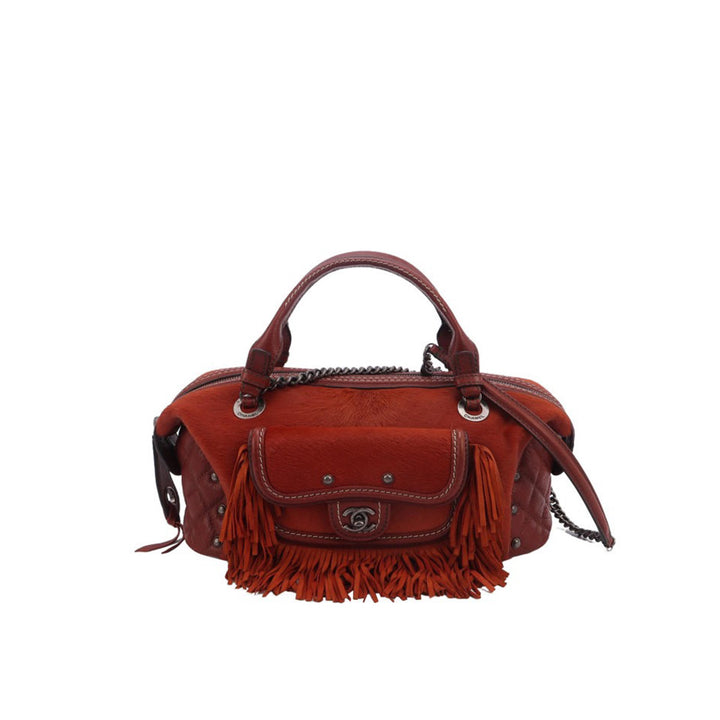 Chanel 2014 Burgundy Pony Hair And Leather Fringe Paris-Dallas Bowling Bag