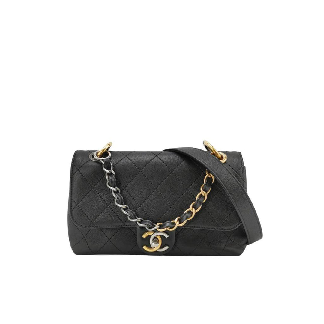 Chanel Black Chain Top Handle Flap Bag Gold Silver Hardware