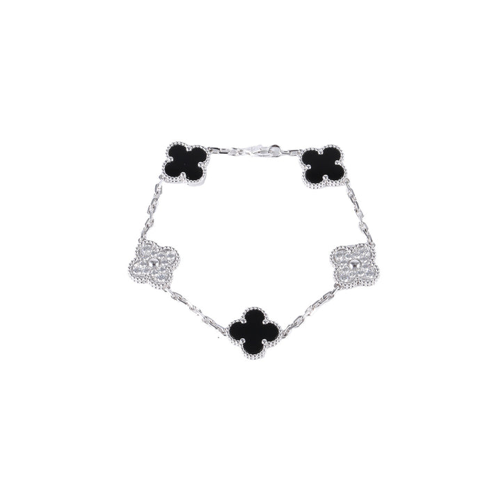 Van Cleef & Arpels 18K White Gold Diamond Black Onyx 5 Motifs Vintage Alhambra Bracelet