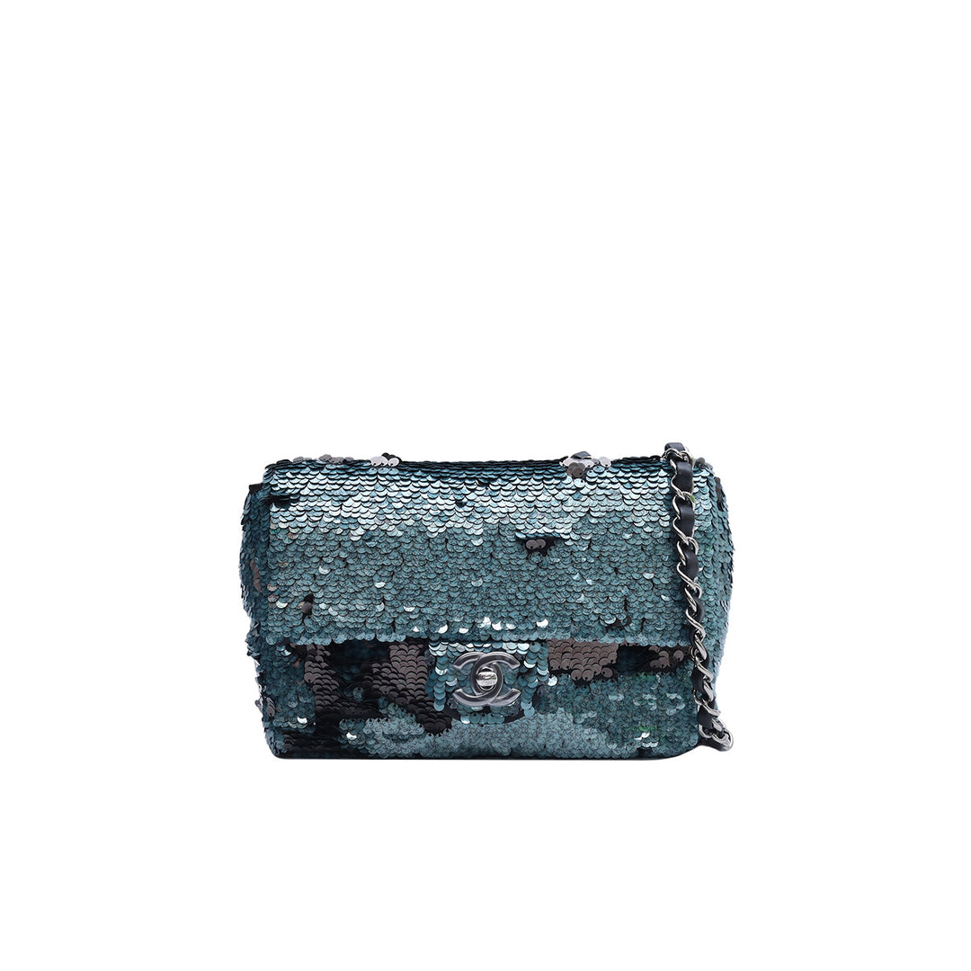 Chanel Sequin Lambskin Mini Flap Blue Black With Silver Hardware