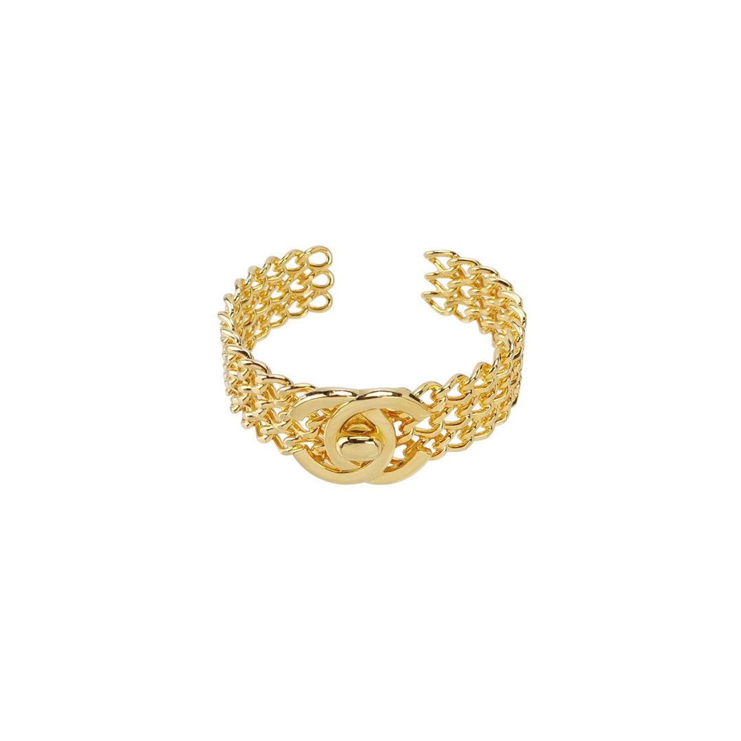 Chanel Vintage CC Turnlock and Chains Gold Toned Cuff Bracelet