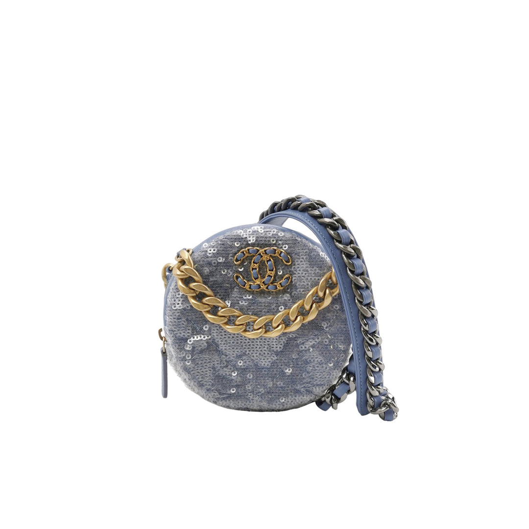 Chanel 19 Sequins Round Clutch With Chain in Light Blue