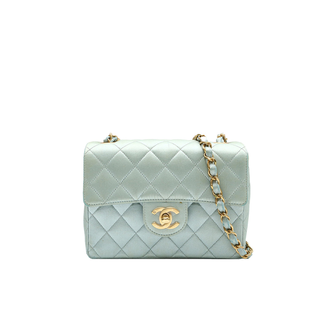 Chanel Vintage Mint Green Satin Gold Hardware Square Chain Bag