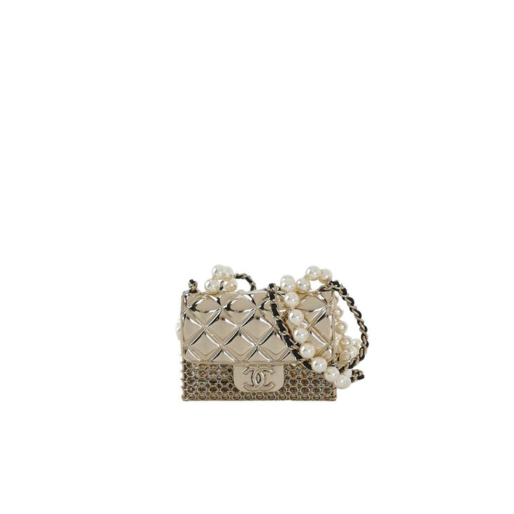 Chanel Metal Micro Flap Bag with Lambskin and Pearl Chain Long Necklace or Crossbody