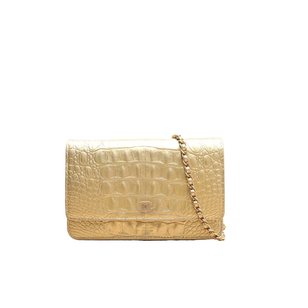 Chanel Metallic Calfskin Crocodile Embossed Wallet On Chain WOC Gold