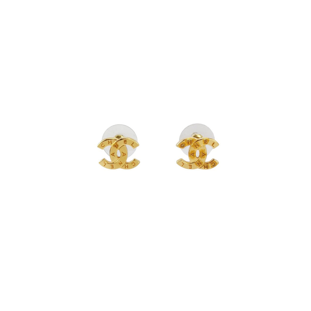 Chanel CC Paris Button Stud Earrings Gold Colour