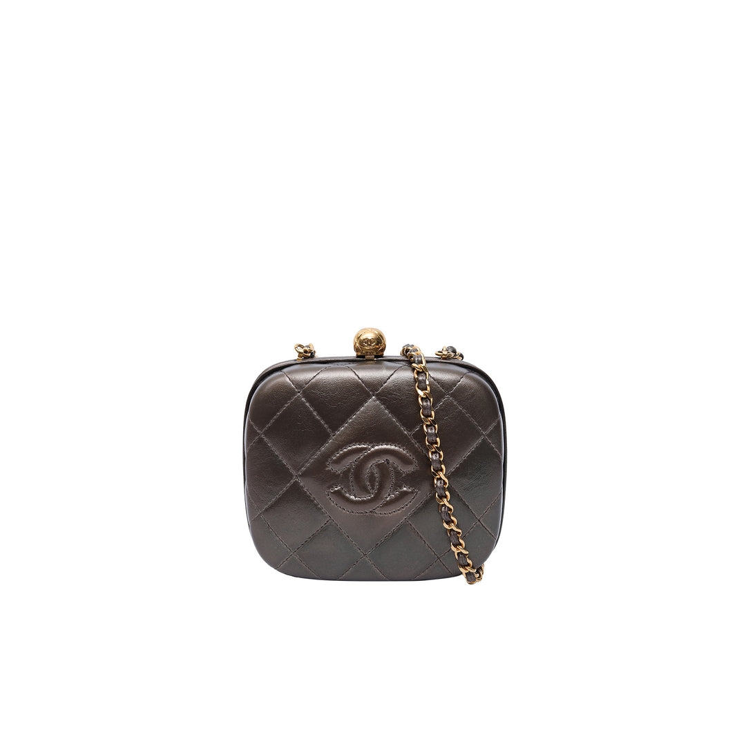 Chanel Metallic Grey Quilted Lambskin Timeless Square Clutch on Chain Gold Hardware