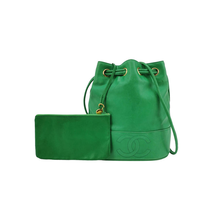 Chanel Vintage Green Lambskin Leather Bucket Bag CC Logo