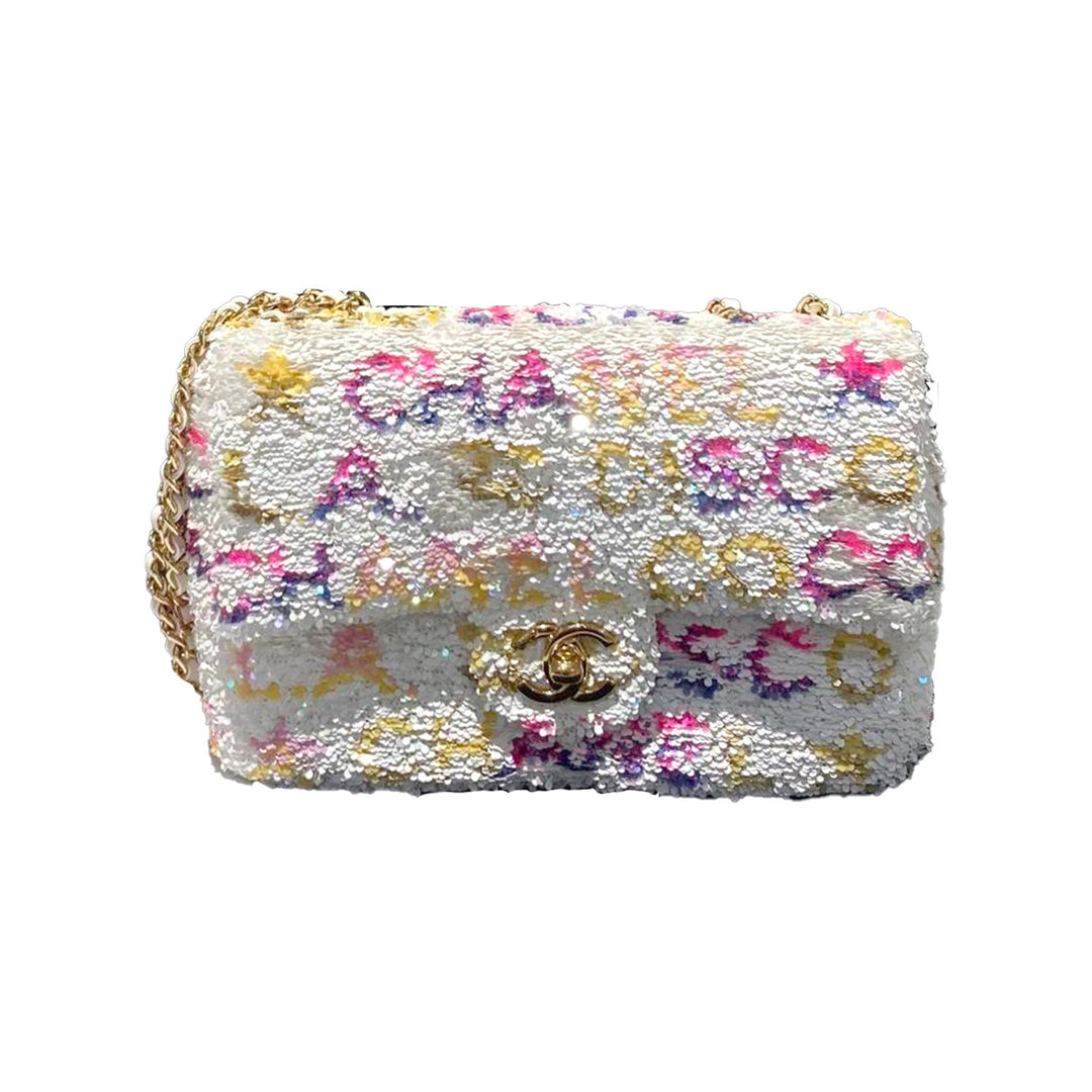 Chanel Sequin Logo CC Single Flap White Multicolour Small