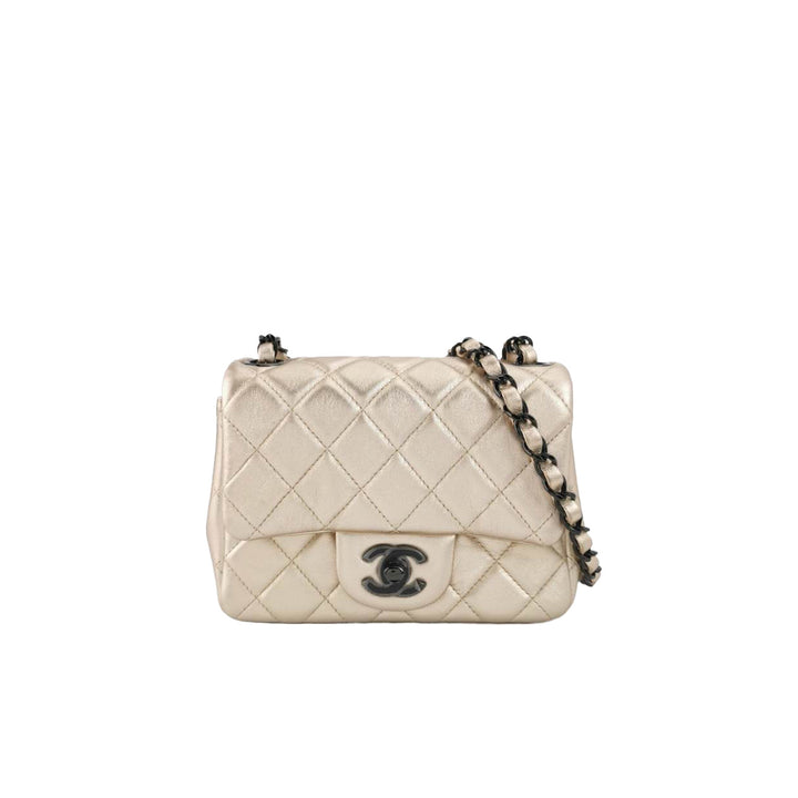 Chanel Metallic Lambskin Quilted Mini Square Flap Gold Black Hardware