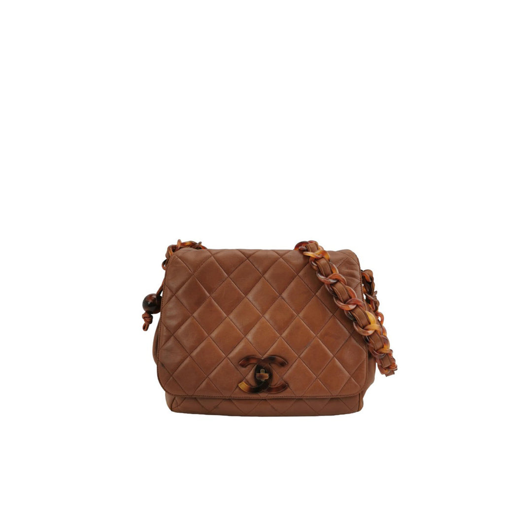 Chanel 1994 Lambskin Brown Quilted Tortoiseshell Round Messenger Flap Bag