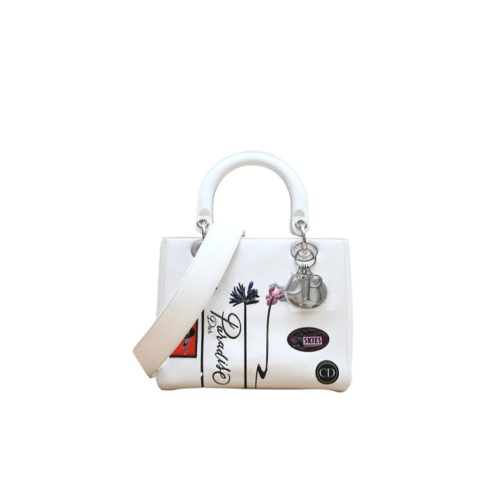 Dior White Medium Lambskin Paradise Lady Dior Satchel Bag