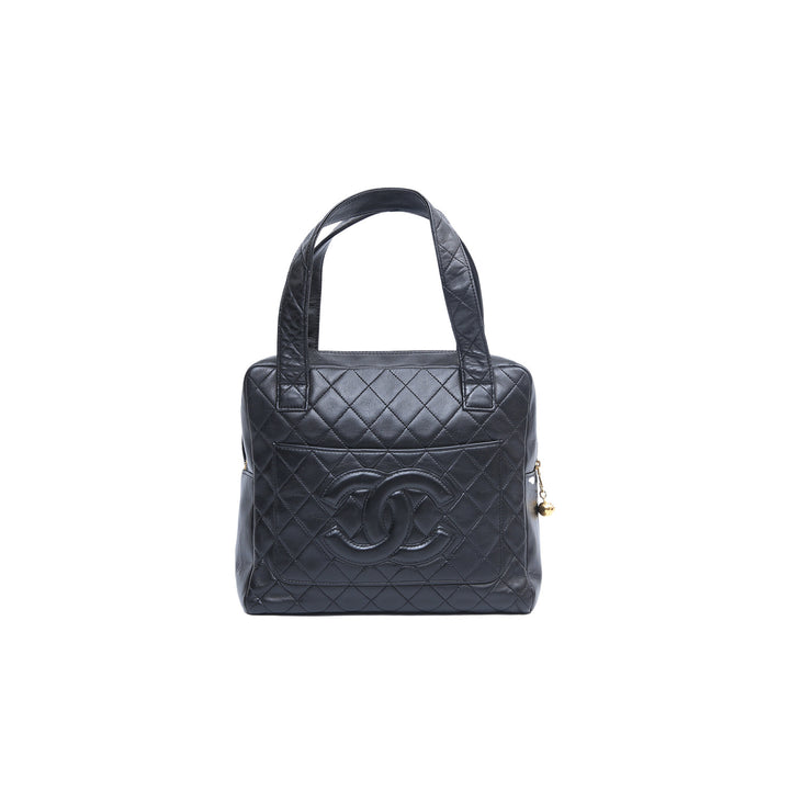 Chanel Vintage Rare Black Lambskin CC Logo Top Handle Tote Bag