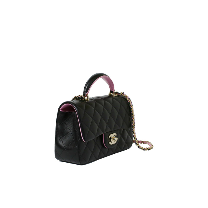 Chanel Lambskin Mini Rectangular Top Handle Flap Bag in Black Pink Two Tone Colours with Gold Hardware