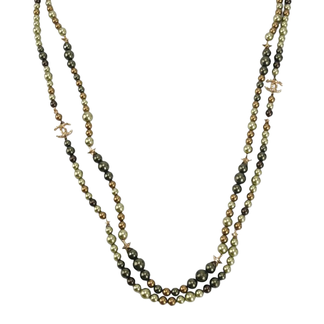 Chanel Pearl Star CC Multi Strand Long Necklace Green Gold