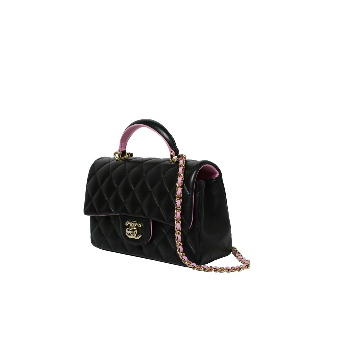 Chanel Lambskin Mini Rectangular Top Handle Flap Bag in Black Pink Two Tone Colours with Gold Hardware