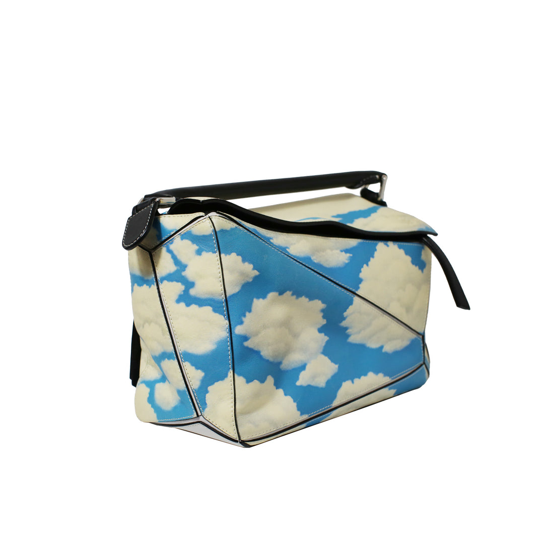 Loewe Medium Puzzle Bag in Blue Sky Ivory Clouds Print with Silver Hardware