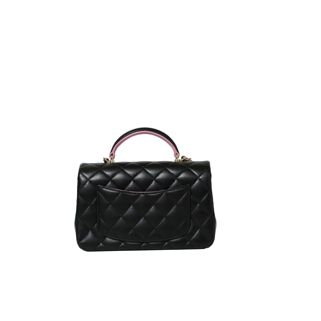 Chanel Lambskin Mini Rectangular Top Handle Flap Bag in Black Pink Two Tone Colours with Gold Hardware