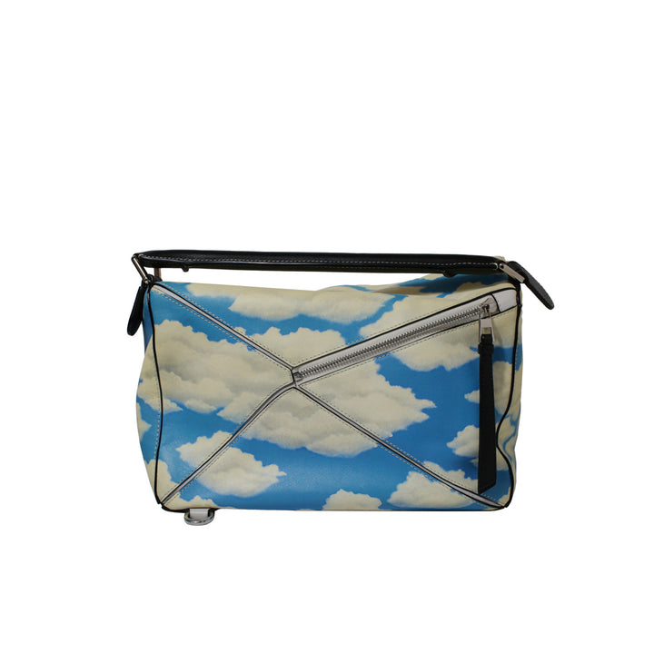 Loewe Medium Puzzle Bag in Blue Sky Ivory Clouds Print with Silver Hardware