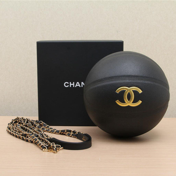 Chanel Rare Gold Black Rubber Calfskin Chain Net Basketball Minaudiere Bag