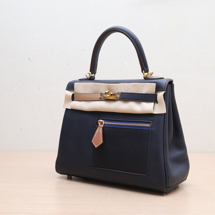 Hermes Kelly 25 Colormatic Blue 89 Black Chai Gold Swift Leather Gold Hardware Stamp U