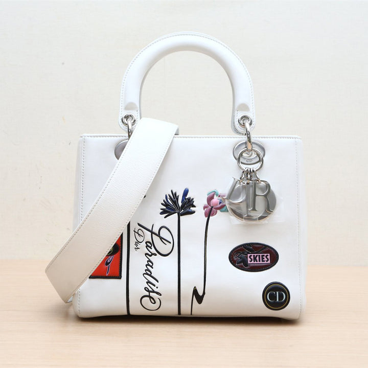 Dior White Medium Lambskin Paradise Lady Dior Satchel Bag