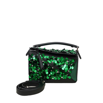 Loewe Puzzle Small Sequined Leather Shoulder Bag In Green/black