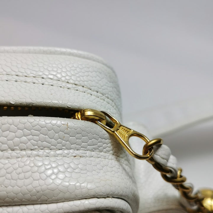 Chanel Vintage Medium Chevron Caviar CC Camera Bag White Gold Hardware (1994–1996)