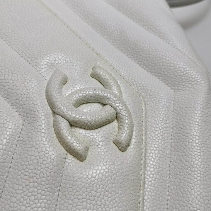 Chanel Vintage Medium Chevron Caviar CC Camera Bag White Gold Hardware (1994–1996)