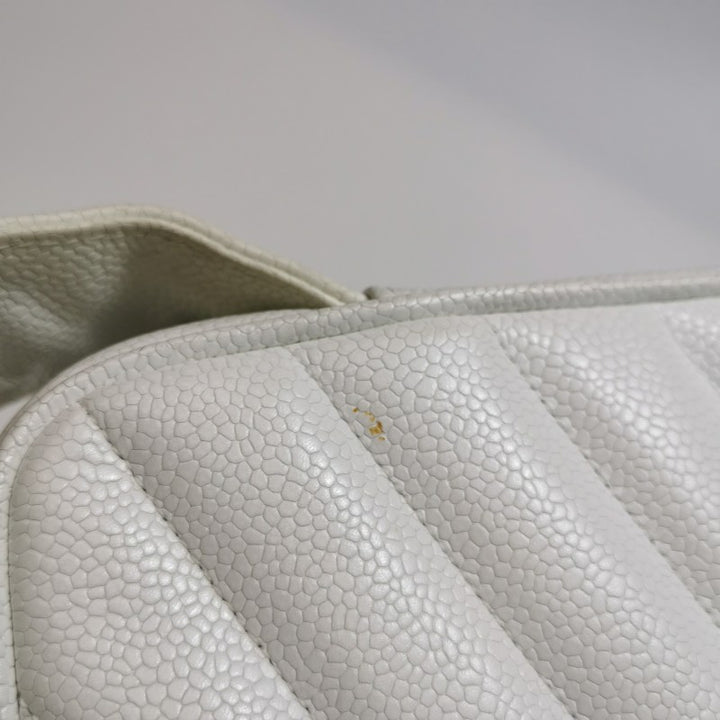 Chanel Vintage Medium Chevron Caviar CC Camera Bag White Gold Hardware (1994–1996)