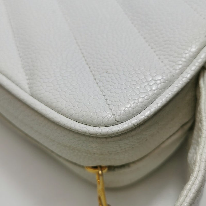 Chanel Vintage Medium Chevron Caviar CC Camera Bag White Gold Hardware (1994–1996)