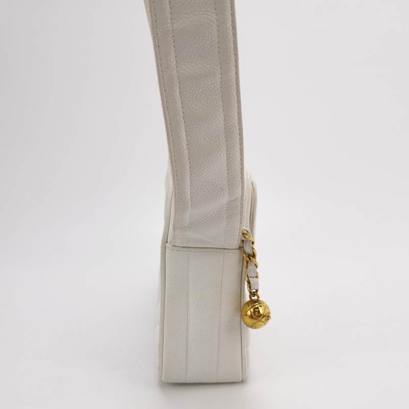 Chanel Vintage Medium Chevron Caviar CC Camera Bag White Gold Hardware (1994–1996)