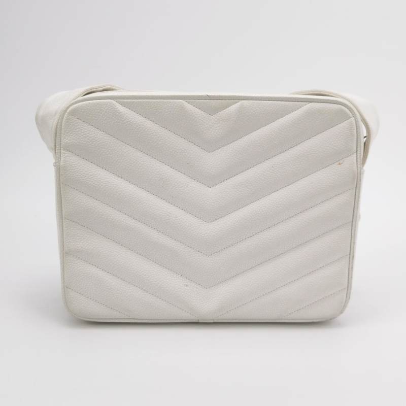 Chanel Vintage Medium Chevron Caviar CC Camera Bag White Gold Hardware (1994–1996)