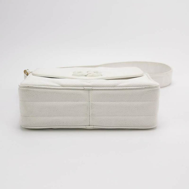 Chanel Vintage Medium Chevron Caviar CC Camera Bag White Gold Hardware (1994–1996)