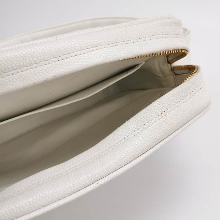 Chanel Vintage Medium Chevron Caviar CC Camera Bag White Gold Hardware (1994–1996)