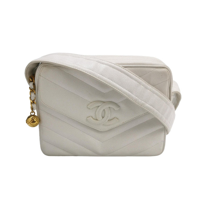 Chanel Vintage Medium Chevron Caviar CC Camera Bag White Gold Hardware (1994–1996)