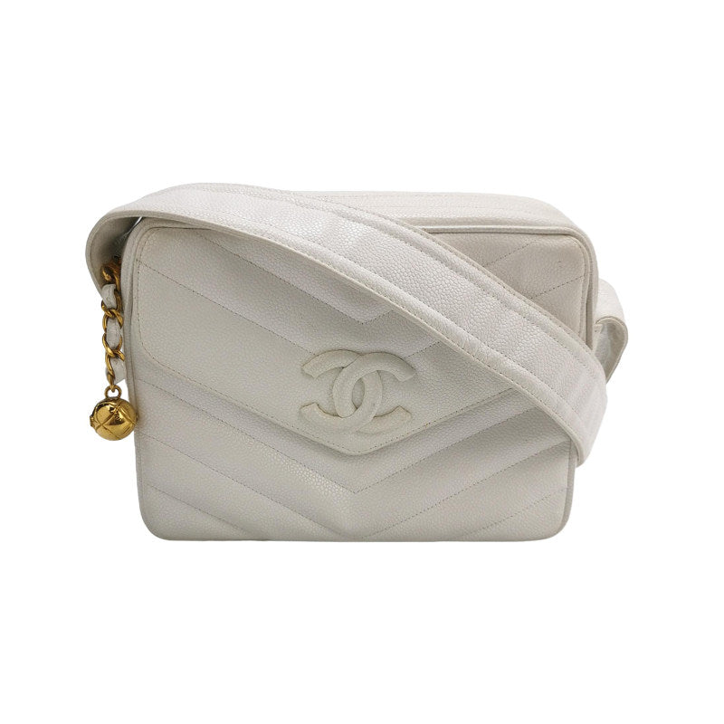 Chanel Vintage Medium Chevron Caviar CC Camera Bag White Gold Hardware (1994–1996)