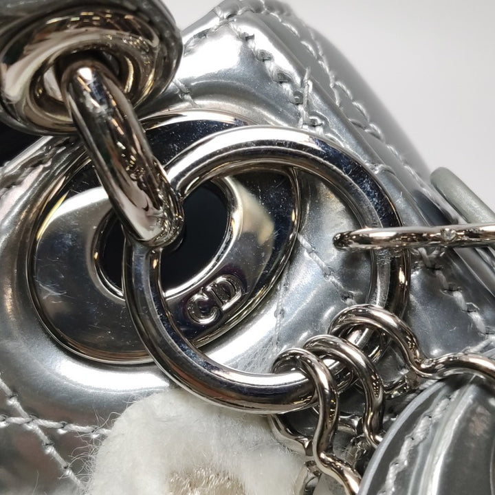 Christian Dior Micro Lady Dior Teddy Bear Metallic Patent Cannage Satchel Silver Hardware