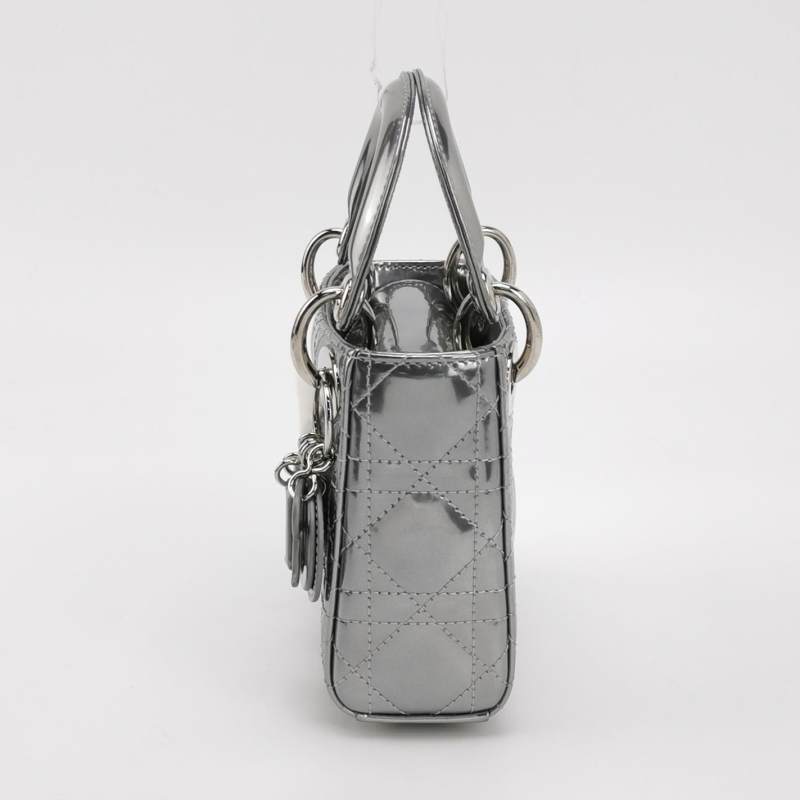 Christian Dior Micro Lady Dior Teddy Bear Metallic Patent Cannage Satchel Silver Hardware