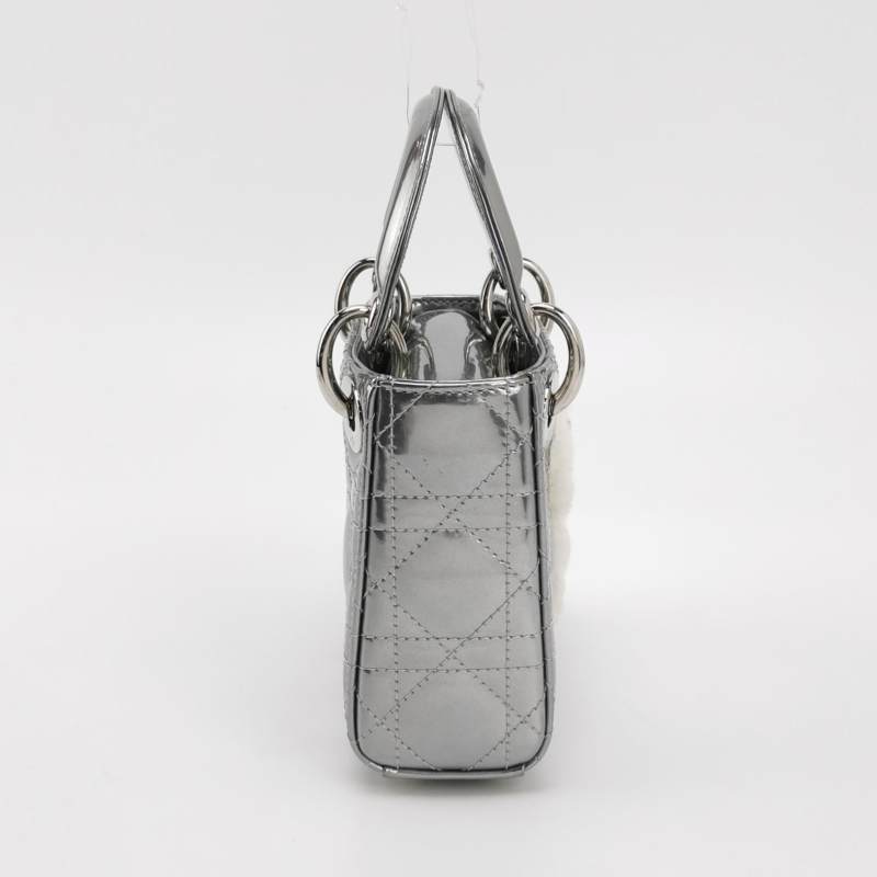 Christian Dior Micro Lady Dior Teddy Bear Metallic Patent Cannage Satchel Silver Hardware