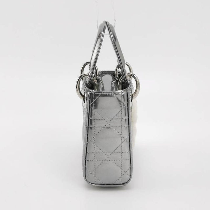Christian Dior Micro Lady Dior Teddy Bear Metallic Patent Cannage Satchel Silver Hardware