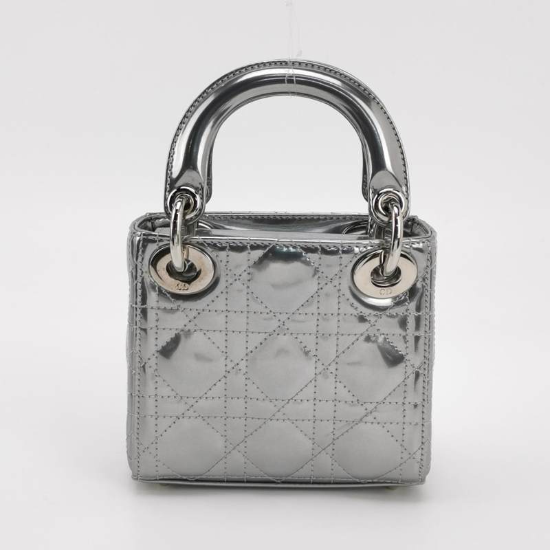 Christian Dior Micro Lady Dior Teddy Bear Metallic Patent Cannage Satchel Silver Hardware