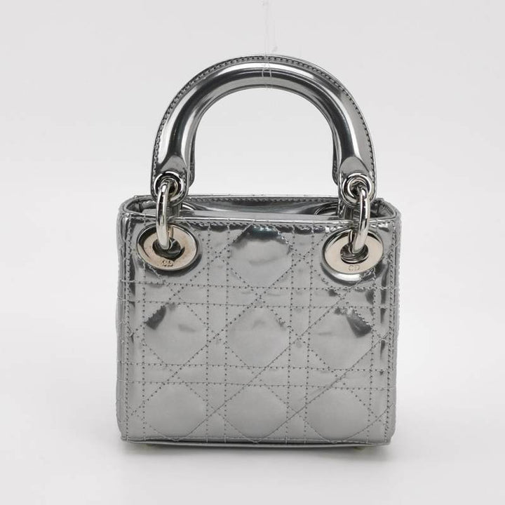 Christian Dior Micro Lady Dior Teddy Bear Metallic Patent Cannage Satchel Silver Hardware