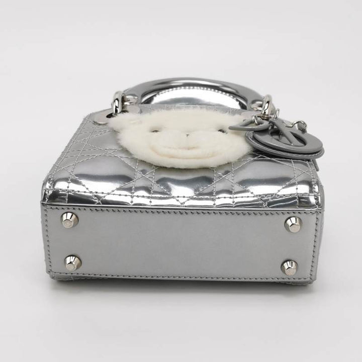 Christian Dior Micro Lady Dior Teddy Bear Metallic Patent Cannage Satchel Silver Hardware