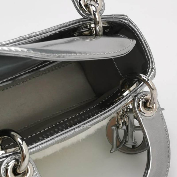 Christian Dior Micro Lady Dior Teddy Bear Metallic Patent Cannage Satchel Silver Hardware