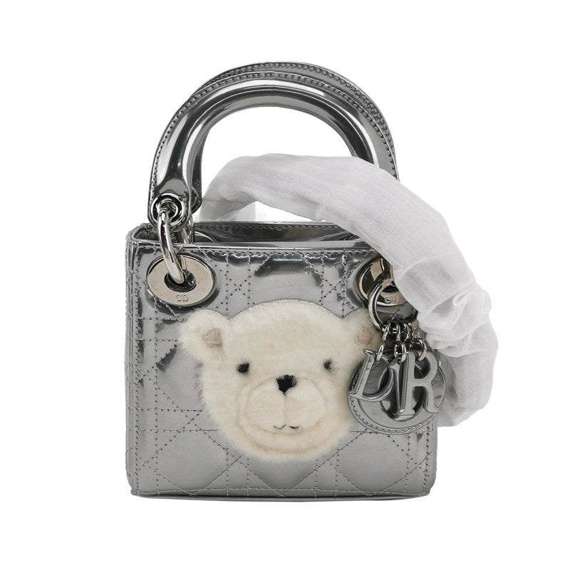 Christian Dior Micro Lady Dior Teddy Bear Metallic Patent Cannage Satchel Silver Hardware